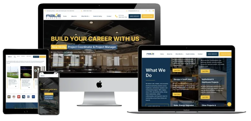 Able Electric responsive website displayed across desktop, laptop, tablet and mobile devices