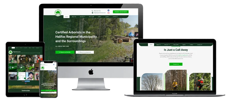 All Green Tree Care website displayed on desktop, laptop, tablet and phone